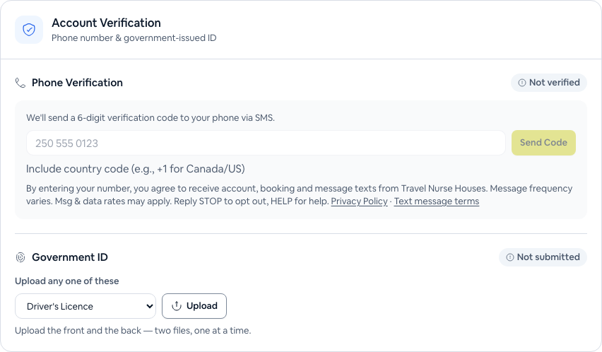 The Verification page's phone number field, with the text-message consent line directly under it